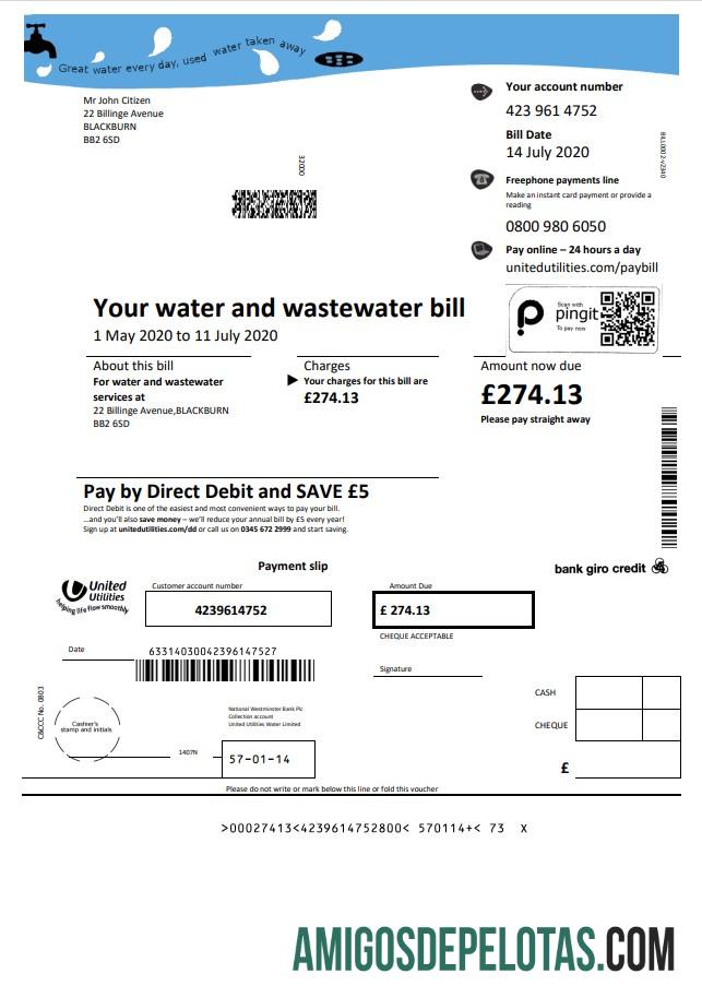 Em branco modelo de conta de serviços públicos de água do Reino Unido em formato Word e PDF
